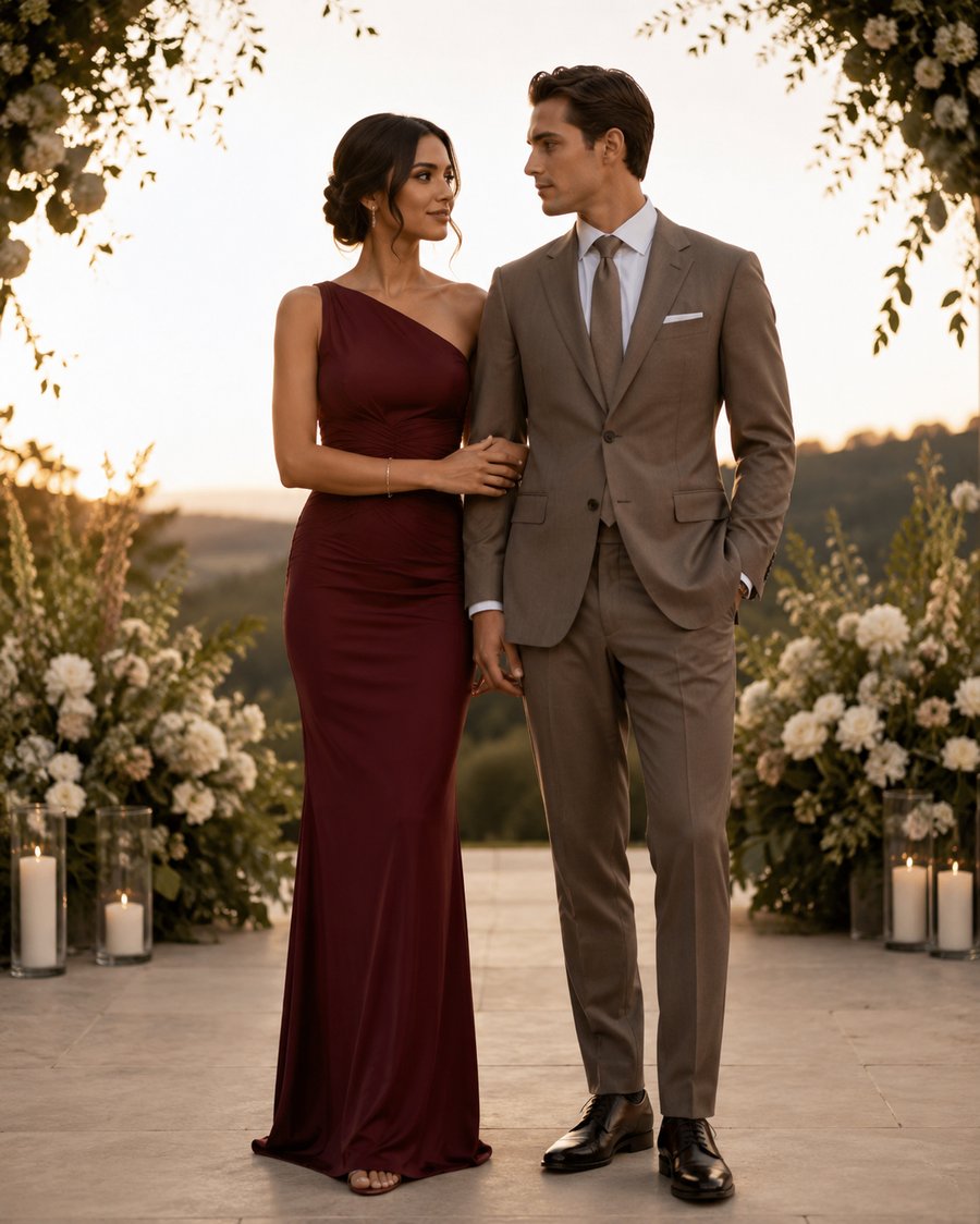 Guests in evening attire, dusk